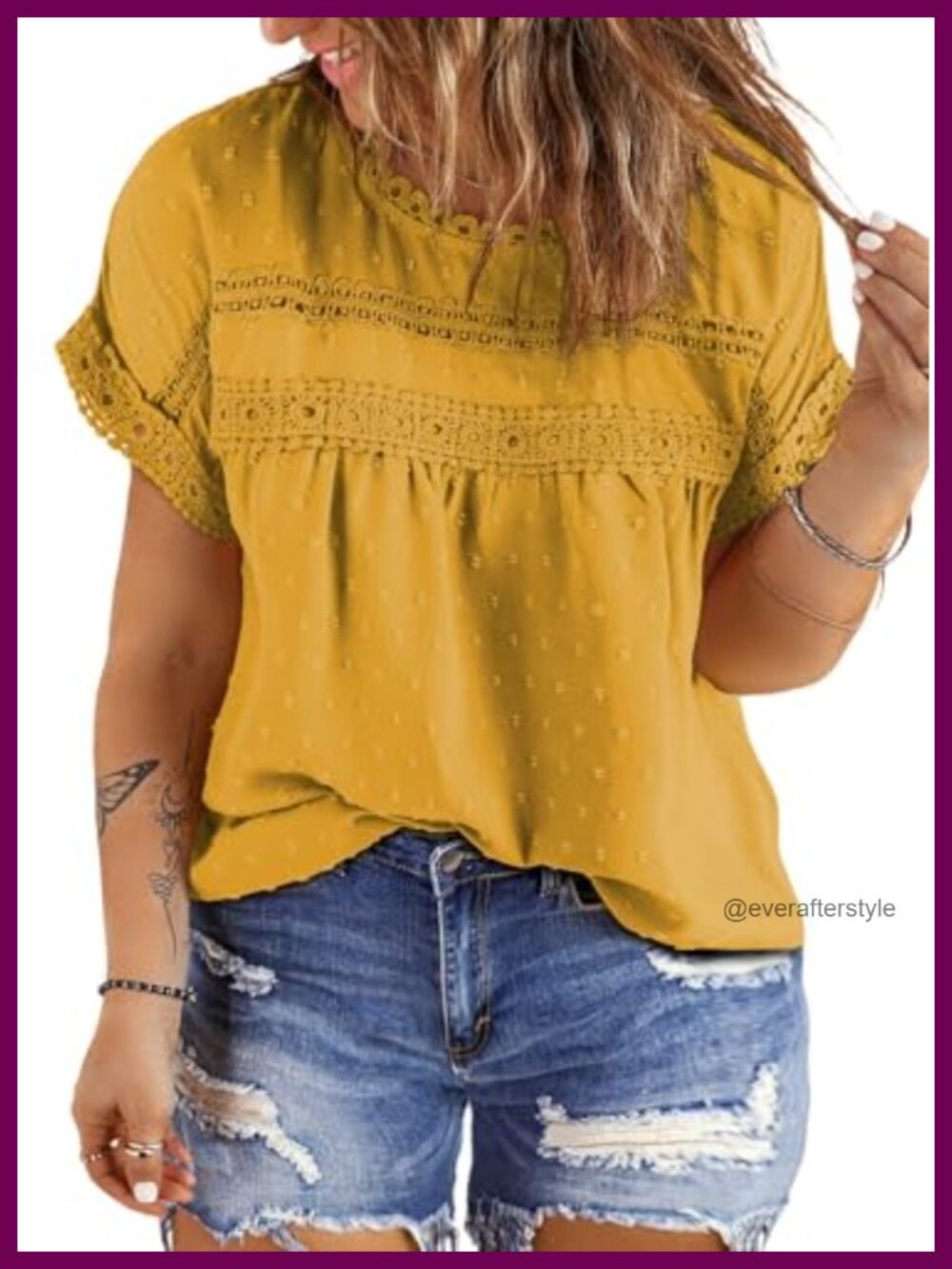 Plus Size Boho Chiffon Blouse Short Sleeve Crewneck Lace Crochet Top